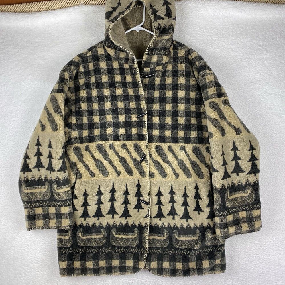 Vintage Denali Jacket Womens Sz‎ L Reversible Fleece Hooded Coat Oars Pine Trees